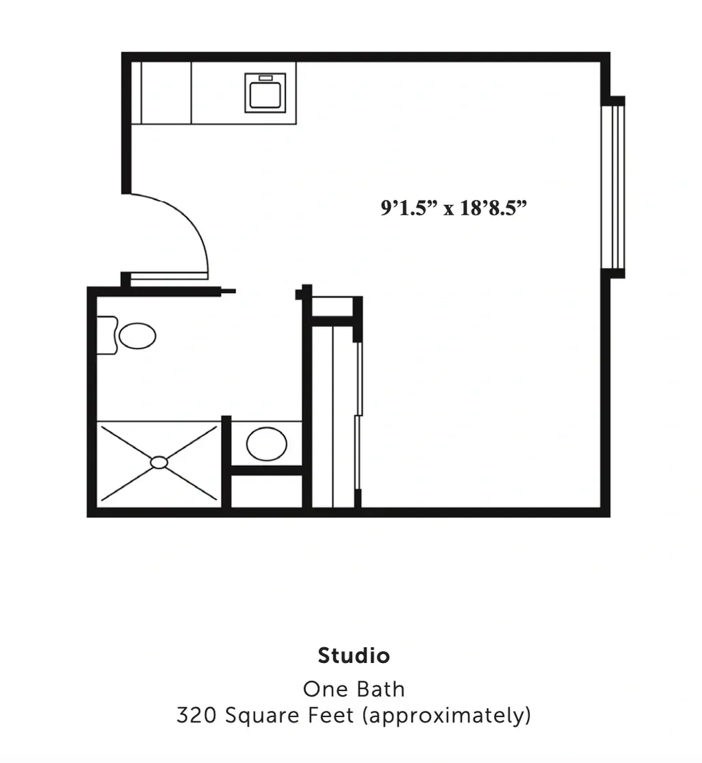Studio floor plan with kitchen, bathroom, and 9'5.5