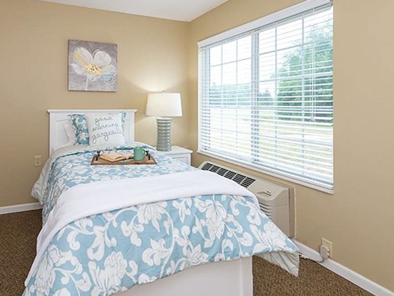 Bright bedroom with a single bed, blue floral bedding, and a window with white blinds.