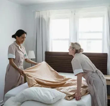 Two women making a bed in a bright bedroom, spreading a beige sheet over white pillows.