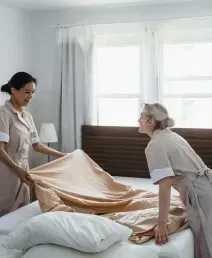 Two women making a bed in a bright bedroom with white curtains and pillows