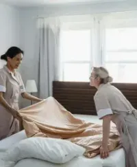 Two women making a bed in a bright bedroom with white curtains and pillows