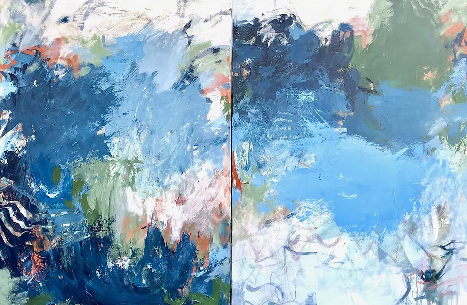 Abstract painting in blues, greens, and white, with brushstrokes and textures, split into two panels.