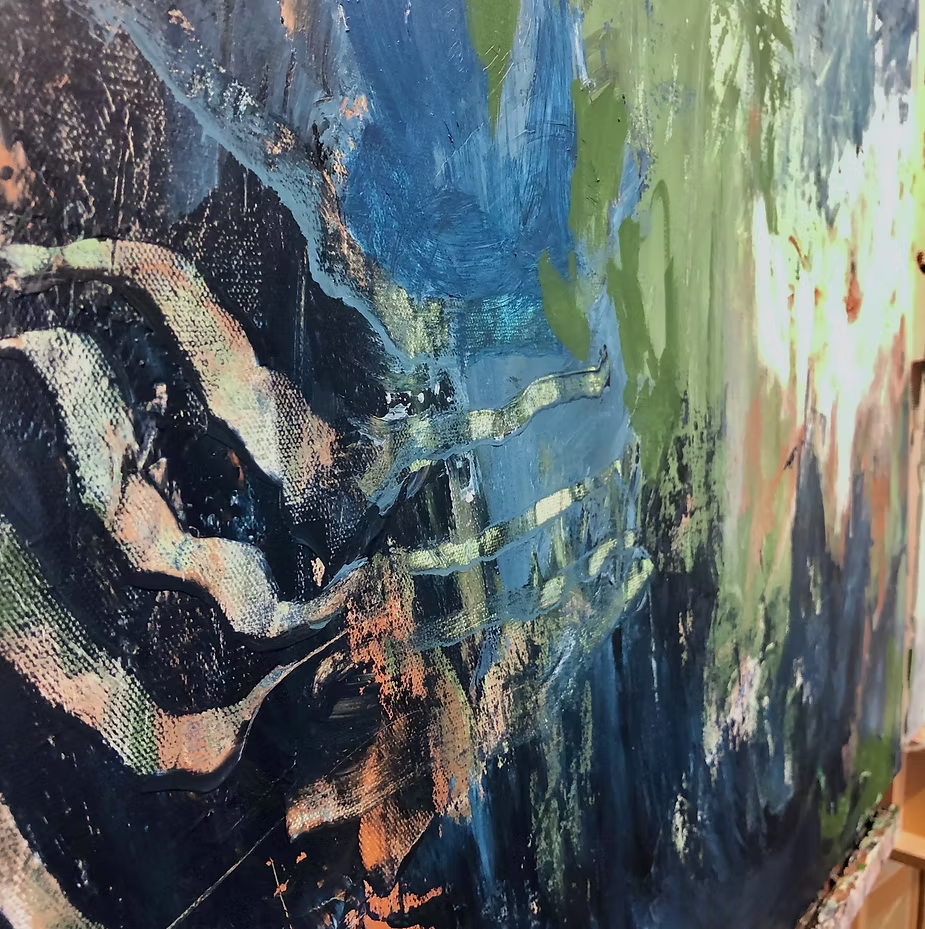 Abstract painting, blues, greens, and black with visible brushstrokes.