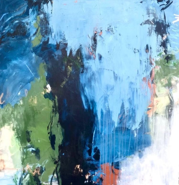 Abstract painting with blue, green, and black brushstrokes, textured with drips and patches of color.