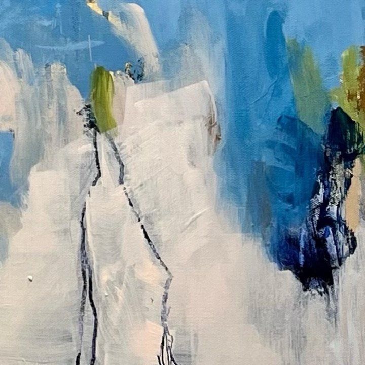 Abstract painting in blues, white, and green with brushstrokes and loose lines suggesting figures against a sky.
