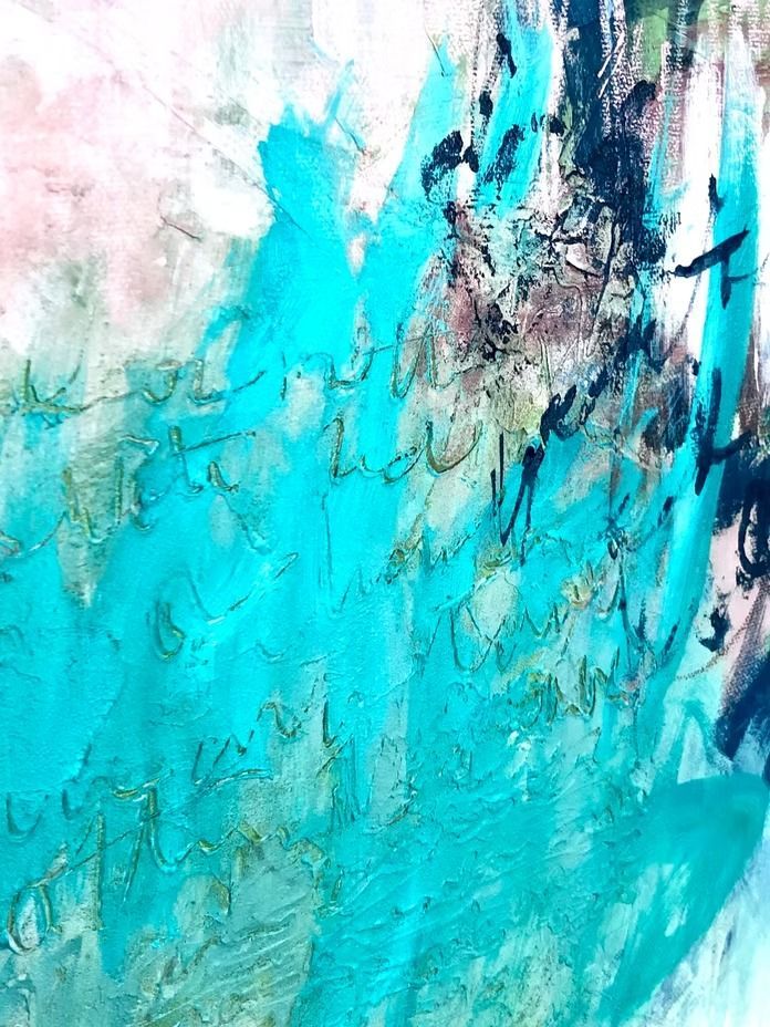 Abstract teal and pink painting with visible brushstrokes and handwritten script.