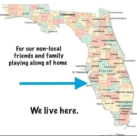 Map of Florida, arrow pointing to Sarasota, text indicating