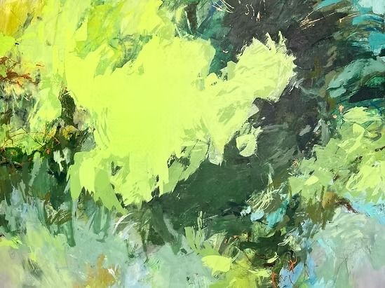 Abstract painting in shades of green and yellow, with visible brushstrokes.