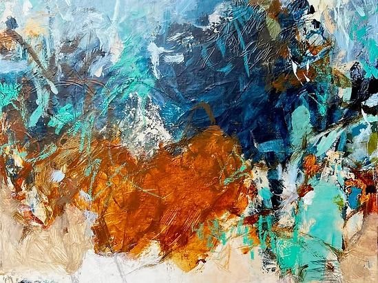Abstract painting in shades of blue, teal, orange, and tan.