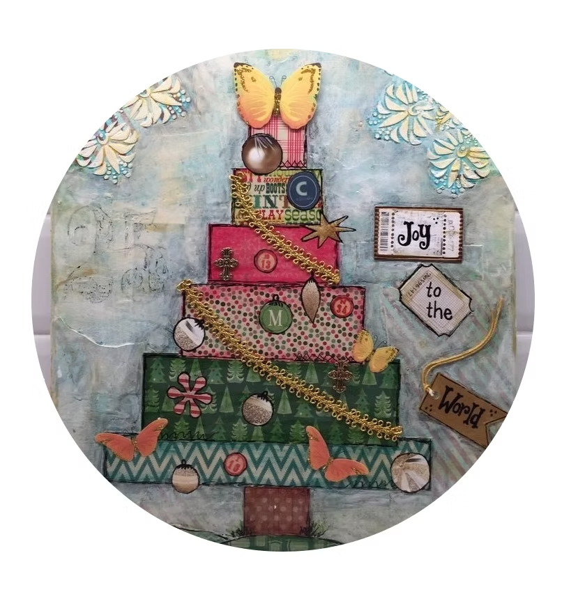 Christmas tree collage with layered boxes, ornaments, and 