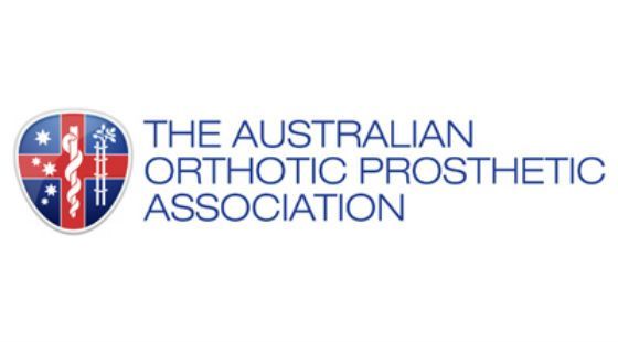 Logo of The Australian Orthotic Prosthetic Association; features Australian flag and medical symbol in a shield.