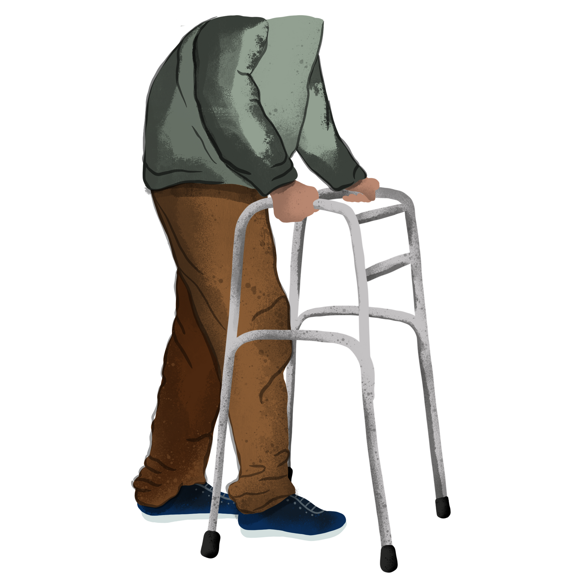 graphic of a person walking with a 2 wheeled frame