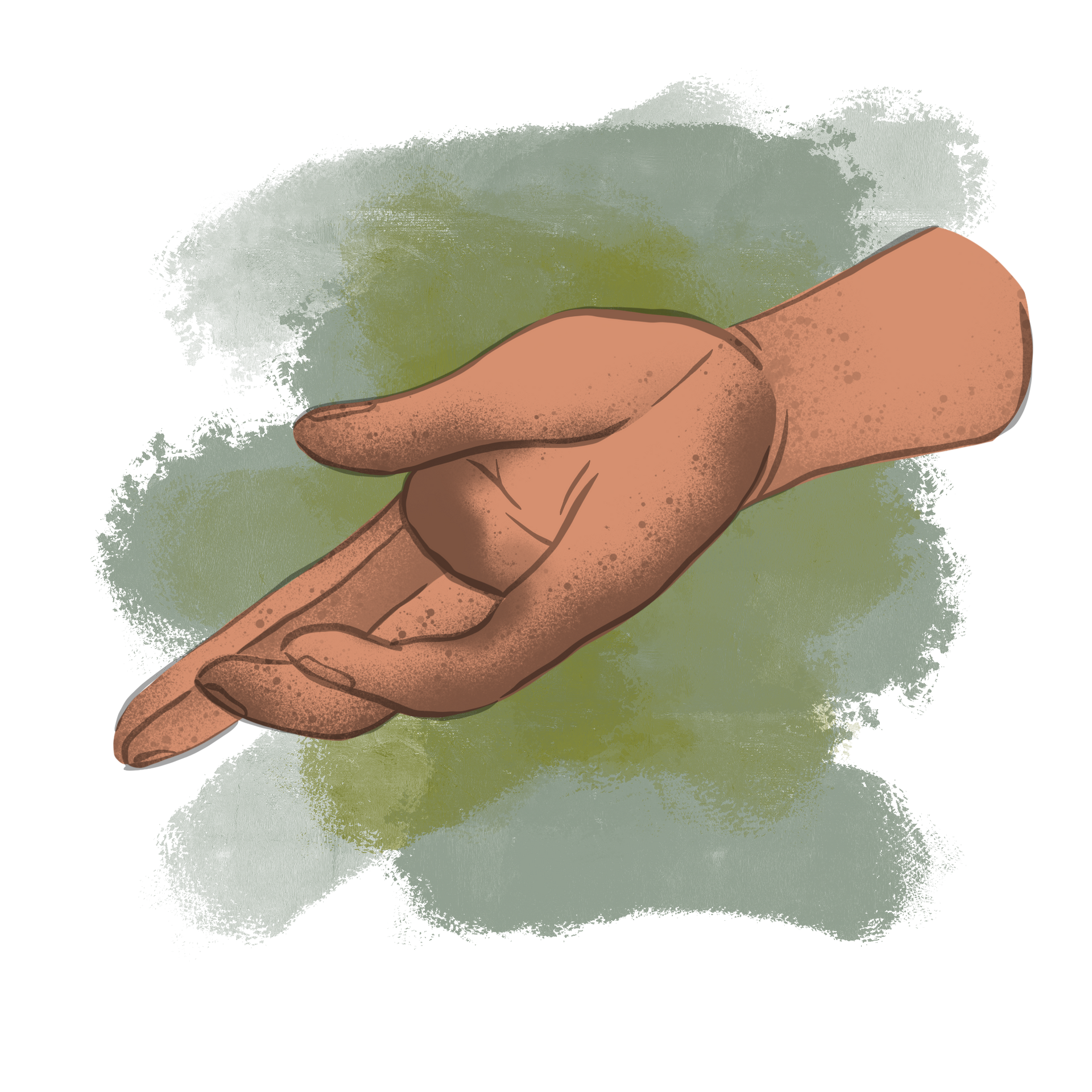 Hand, fingers touching, on green mottled background.