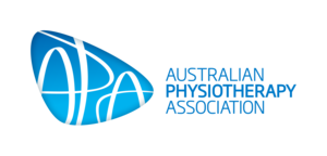 Logo of the Australian Physiotherapy Association. A stylized blue shape with APA initials and text to the right.
