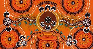 Abstract Aboriginal art in orange, black, and white dots forming concentric circles and winding lines.