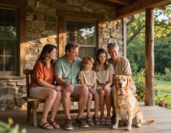 A family together with their pet at home