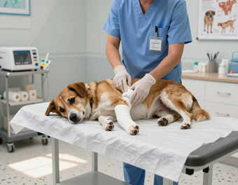 Veterinarian treating a sick or injured dog