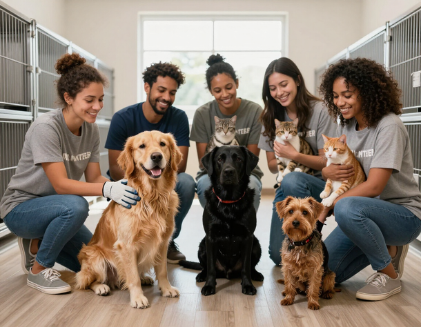 Volunteers smiling with dogs and cats at the shelter