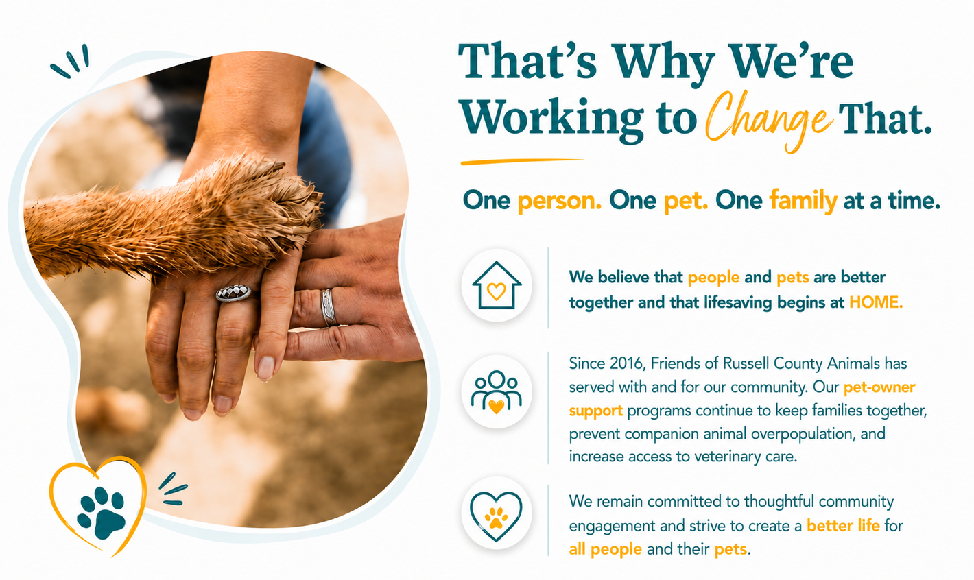 Hands clasped in support beside text about working to change poverty and homelessness.