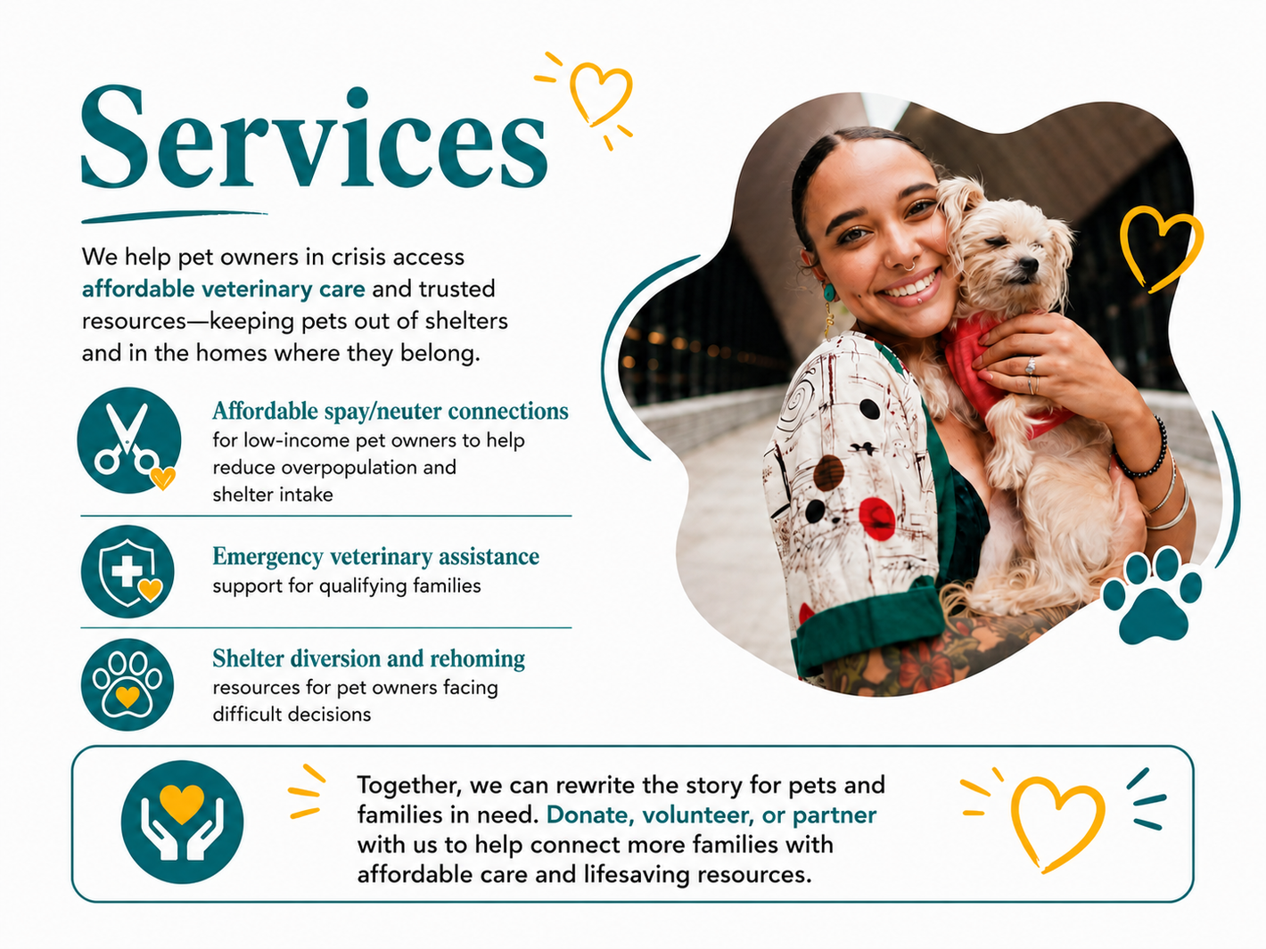 Services flyer with icons and smiling woman holding a small dog, teal and white layout