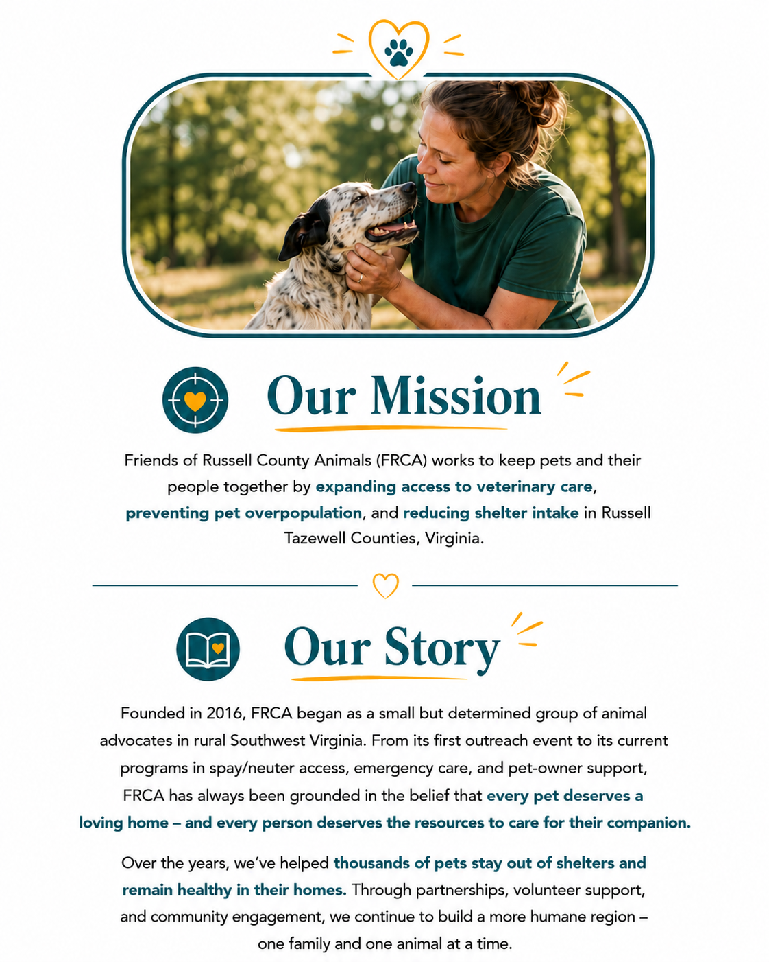 Our Mission and Our Story sections with teal and gold accents beside a woman holding a dog outdoors