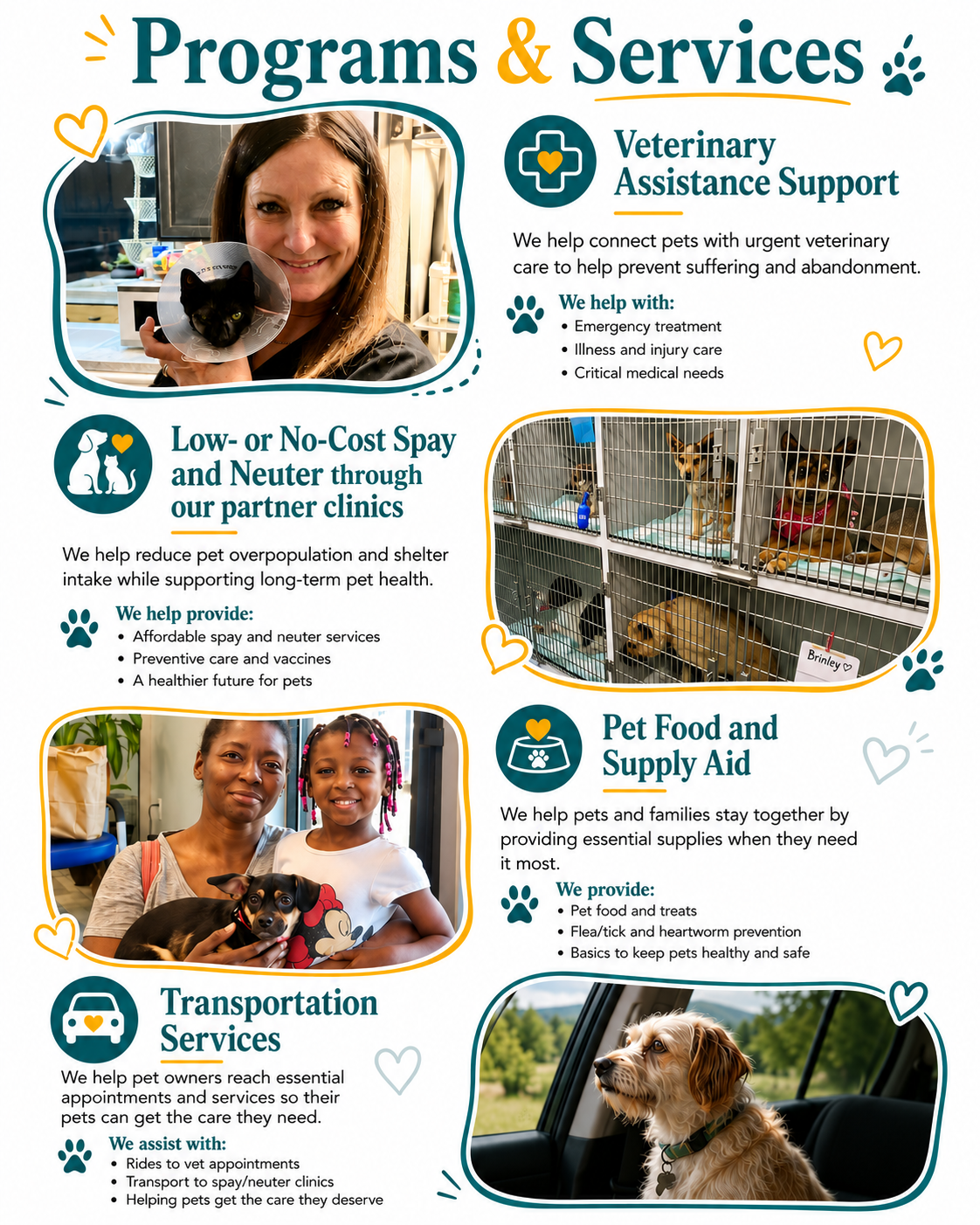 Flyer listing veterinary, pet food, low-cost spay/neuter, and transportation services with photos of pets and people
