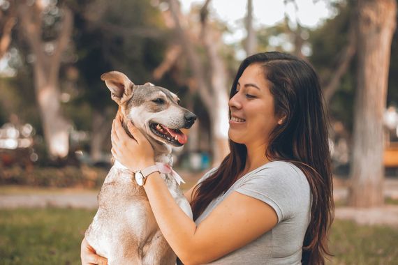 A family petting their dog at home