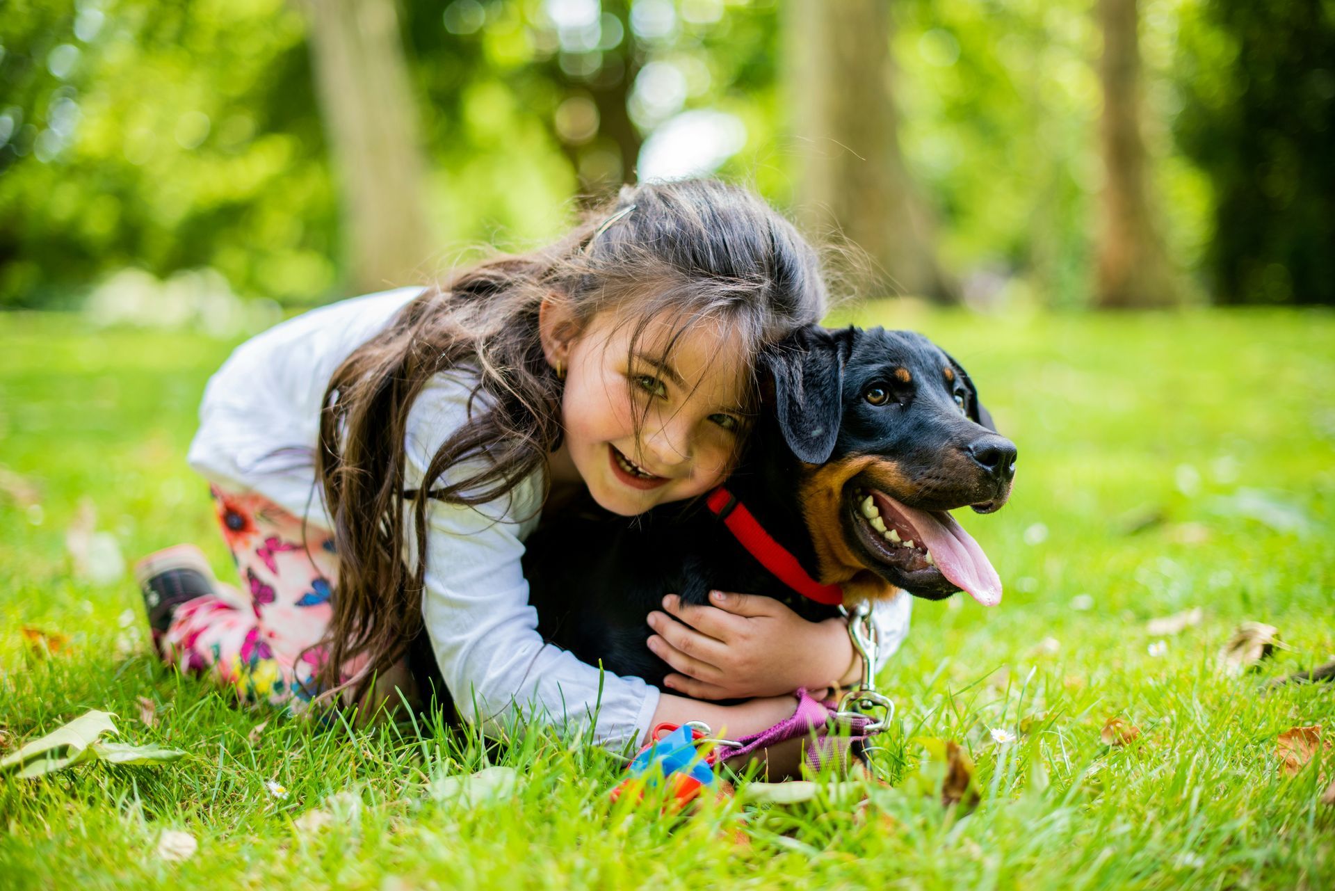 A young girl hugging her dog while kneeling on the grass outside.