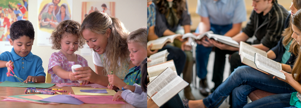 Young children doing a craft project and a group of youth are sitting at a table reading bibles. It is two images side by side.