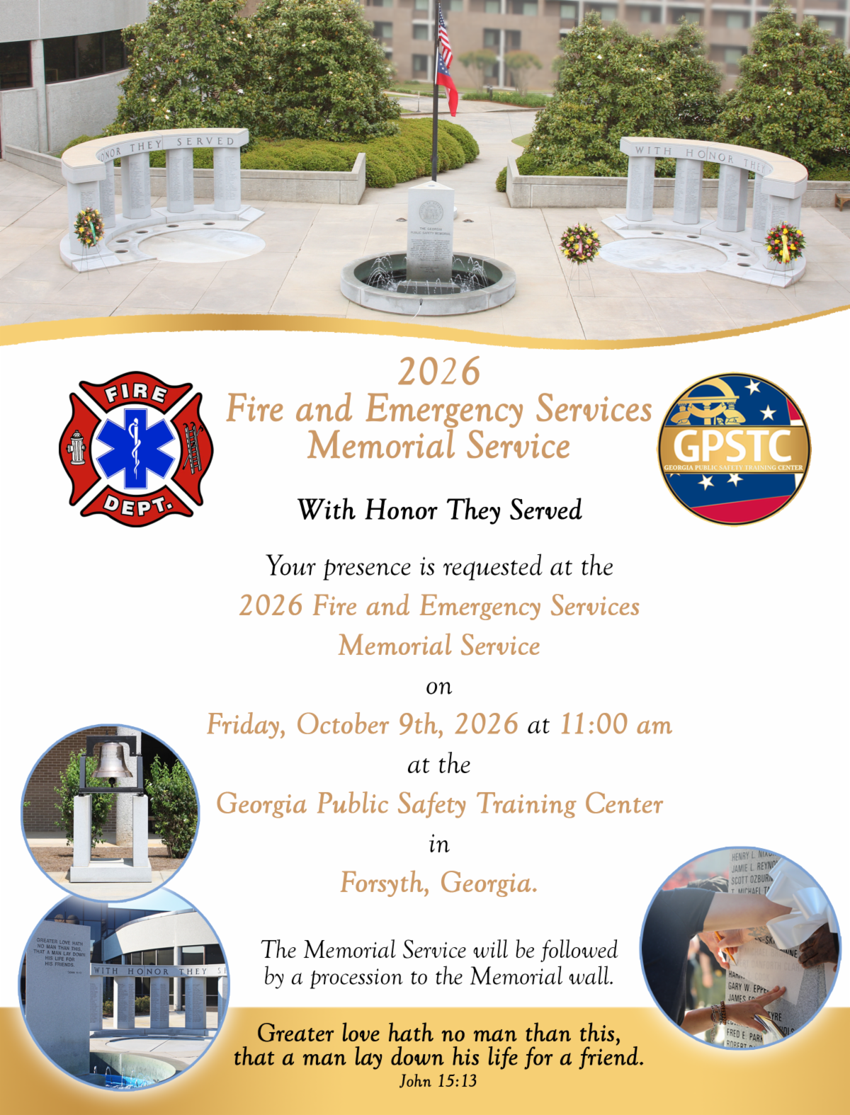 2026 Fire and Emergency Services Memorial Service flyer with white memorial steps and event details