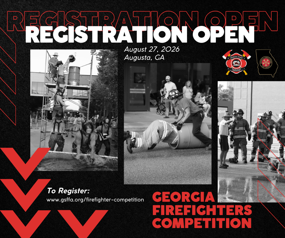 Registration open poster for Georgia Firefighters Competition, August 27, 2026, Augusta, GA, with firefighter action photos