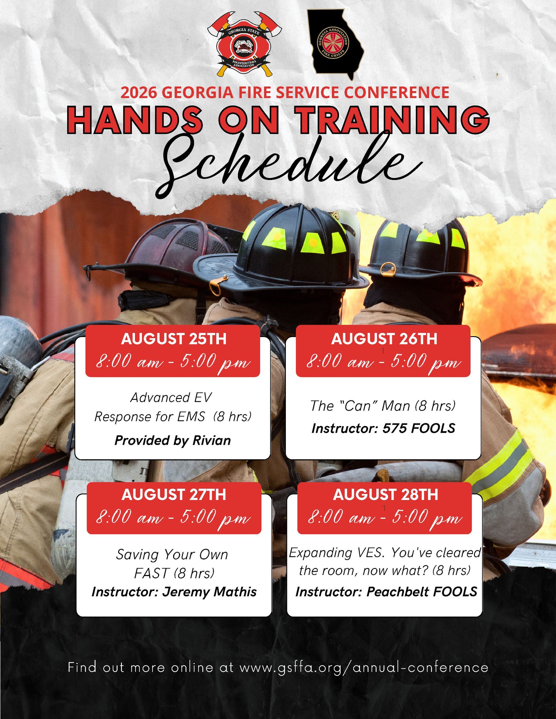 Fire department hands-on training schedule poster with dates in August over firefighter helmet background