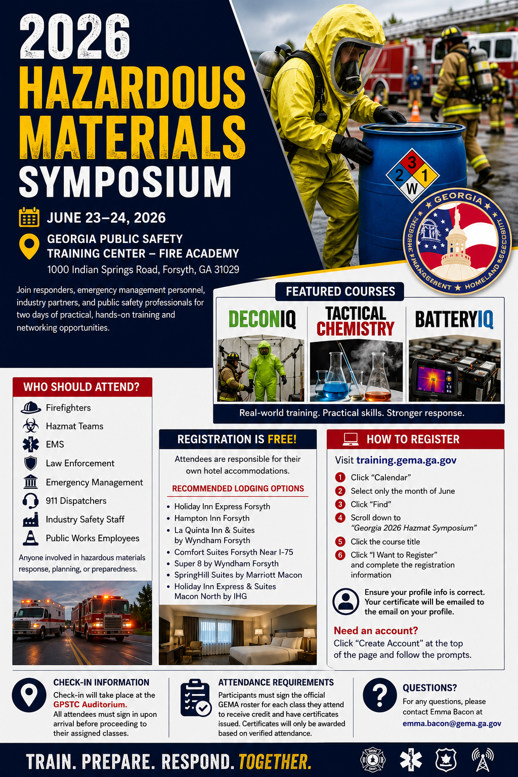 2026 HazMat symposium poster with firefighters, chemicals, safety gear, and session details in blue and yellow