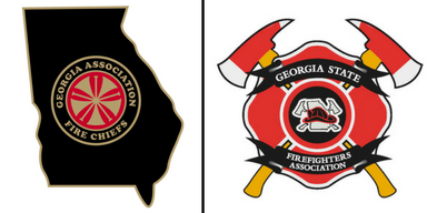 Two Georgia fire association logos: one on Georgia silhouette, one circular red-and-black emblem.