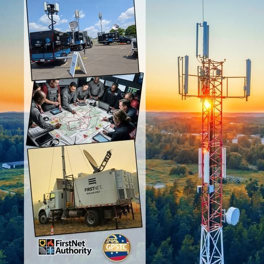 Cell tower and FirstNet collage with field trucks, team meeting, and sunset telecom tower.