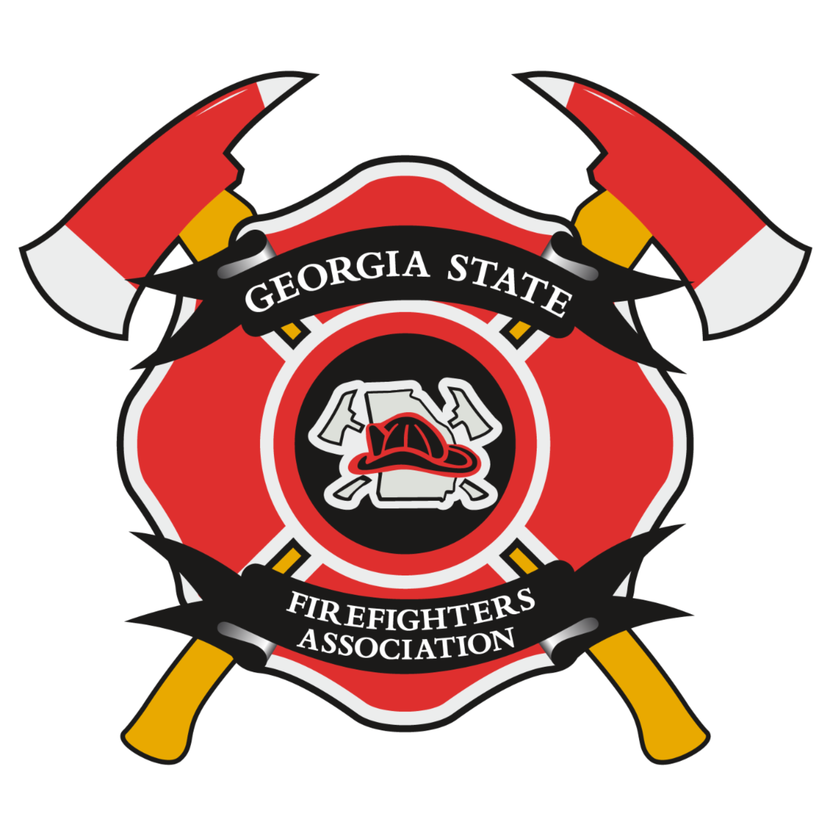 GSFA LOGO Georgia State Firefighters Association emblem with crossed fire axes and red shield logo