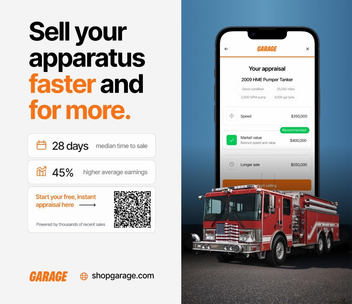 Garage app ad with fire truck and smartphone, promoting faster apparatus selling in orange and white.
