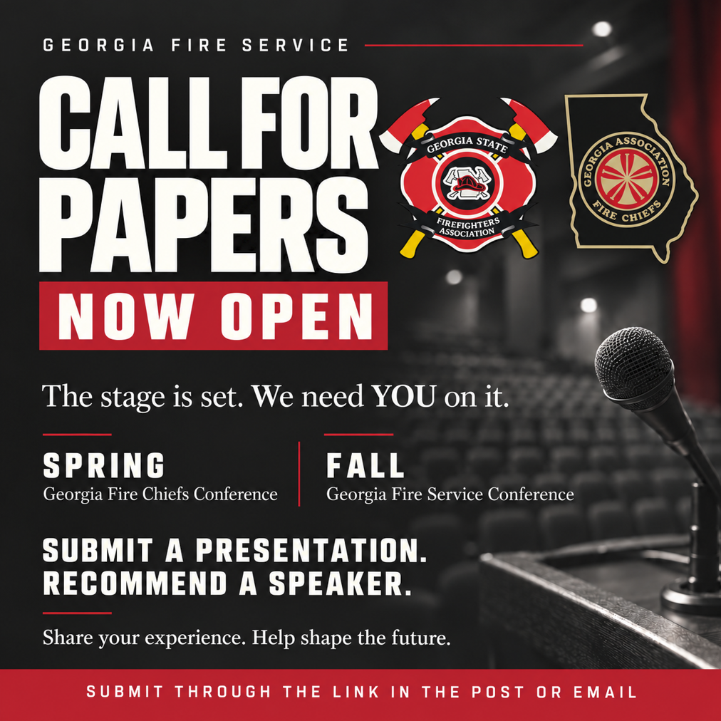 Georgia Fire Service call for papers poster with red-black theme and microphone; submit a presentation or speaker request