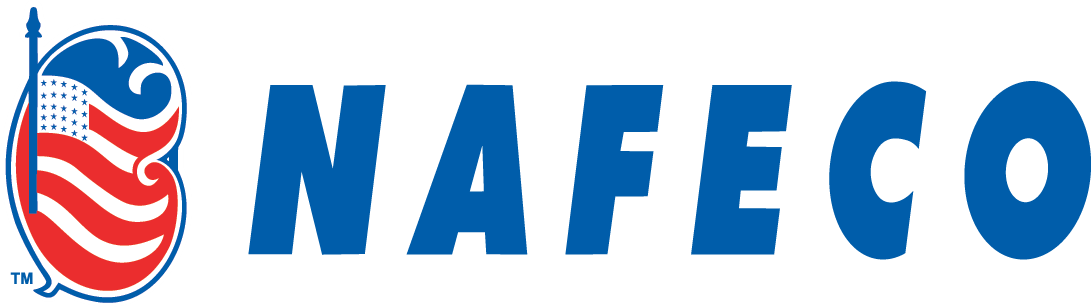 a blue and red logo for nafeco with an american flag
