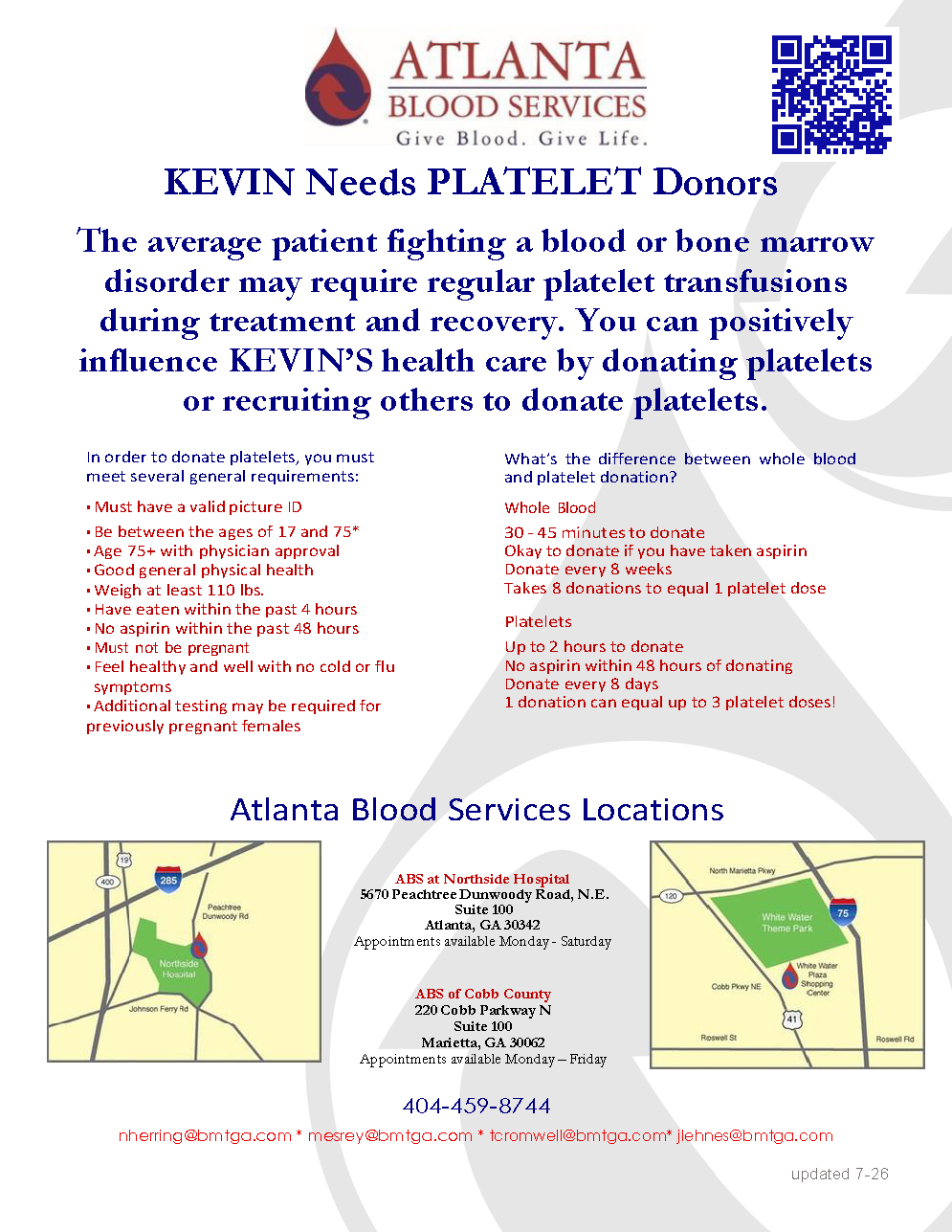 Atlanta Blood Services flyer promoting blood donation for sickle cell disease, with clinic locations and map icons