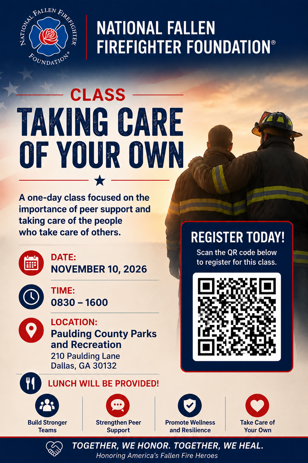 Flyer for “Taking Care of Your Own” firefighter class with date, location, and QR code registration.