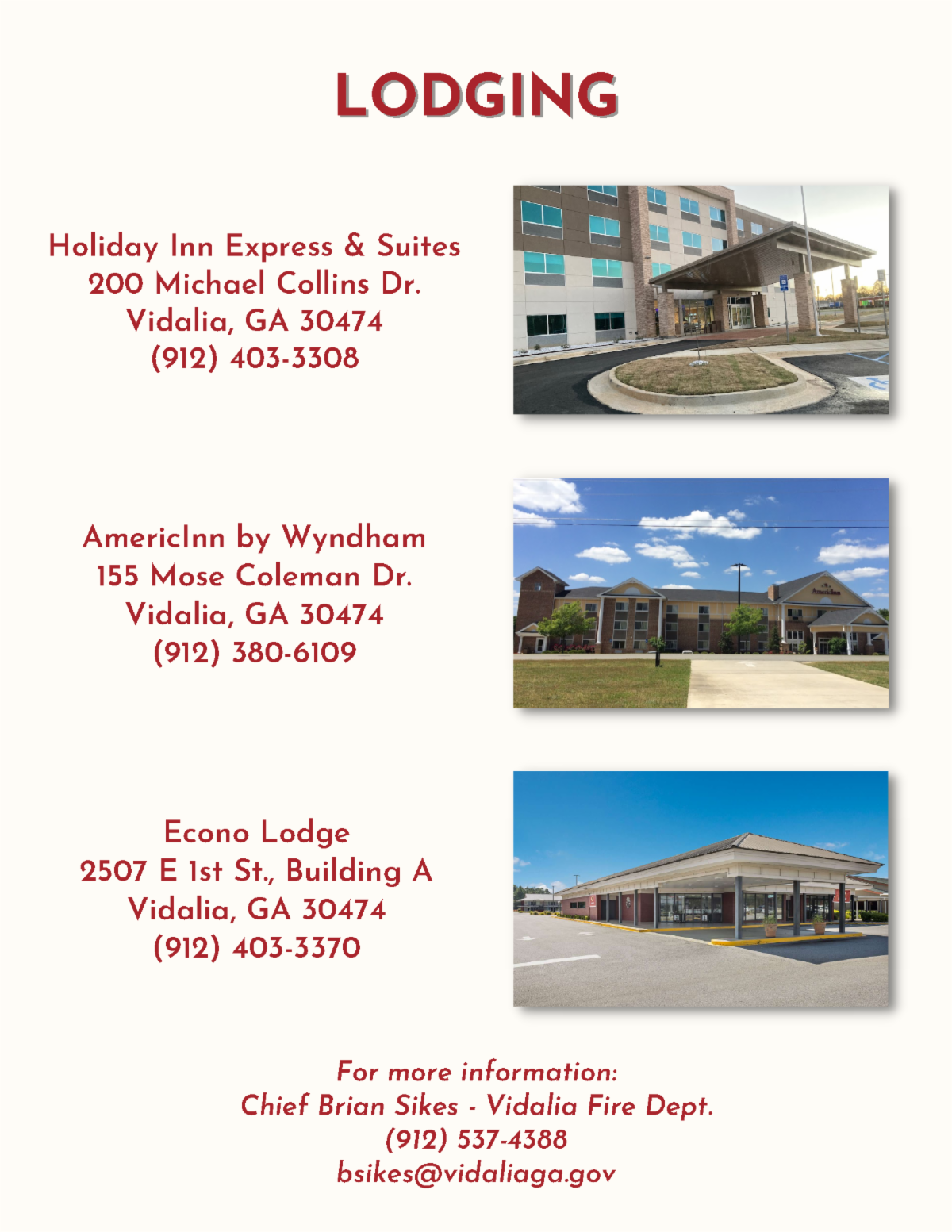 Lodging for Chief Lee Kirkland Firefighter Training Conference
