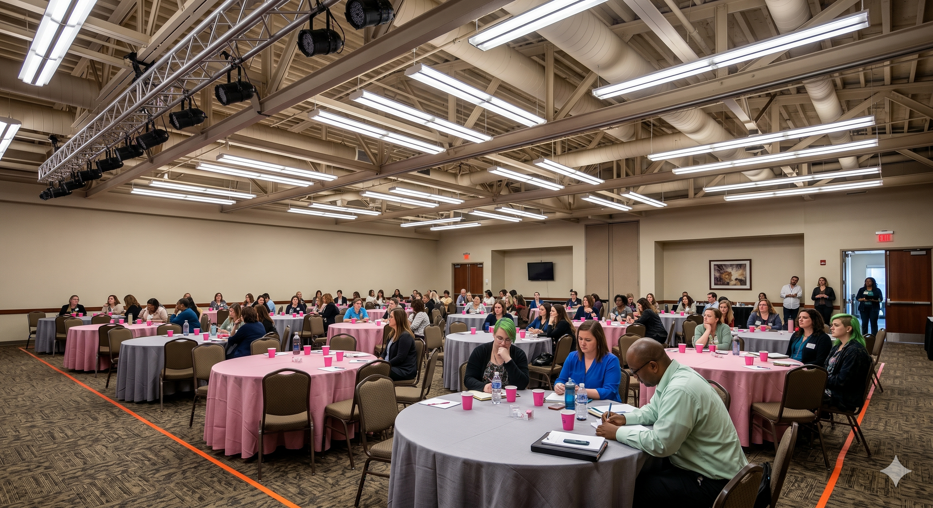 Conference room with people seated at round tables for a meeting, with pink tablecloths and a stage area.