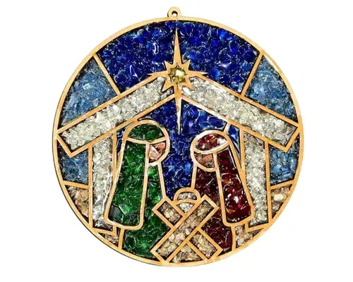 Nativity scene in a circular stained-glass design with blue, gold, green, and red figures under a star