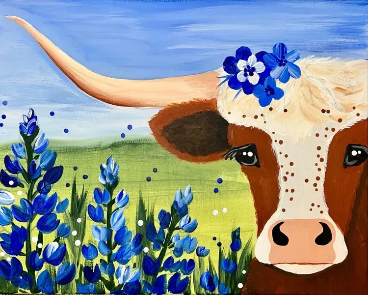 Longhorn with Blue Flowers