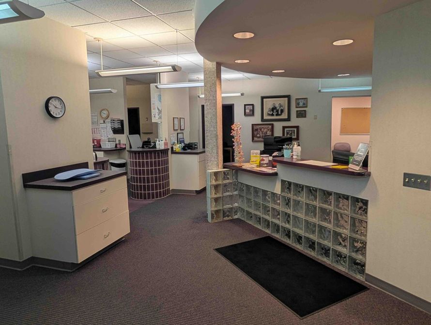 Office lobby of Family Medical Center in Lake Odessa, MI with a reception desk.