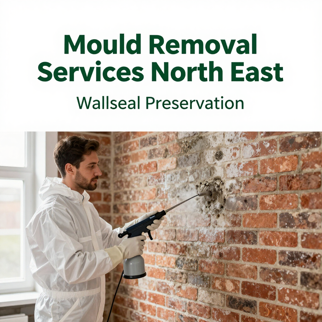 Mould removal service ad showing a worker spraying mould off a brick wall at Wallseal Preservation
