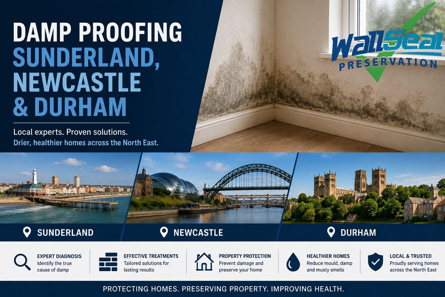 WallSeal Preservation ad for damp proofing in Sunderland, Newcastle and Durham, with home interior and city skyline photos