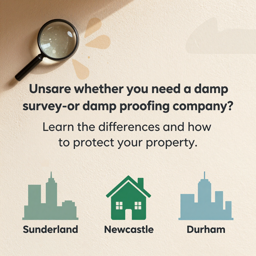 Infographic on damp surveys and proofing, with magnifying glass and house icons for Sunderland, Newcastle, and Durham