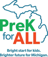 PreK for All logo with Michigan outline and tagline “Bright start for kids. Bright future for Michigan.”